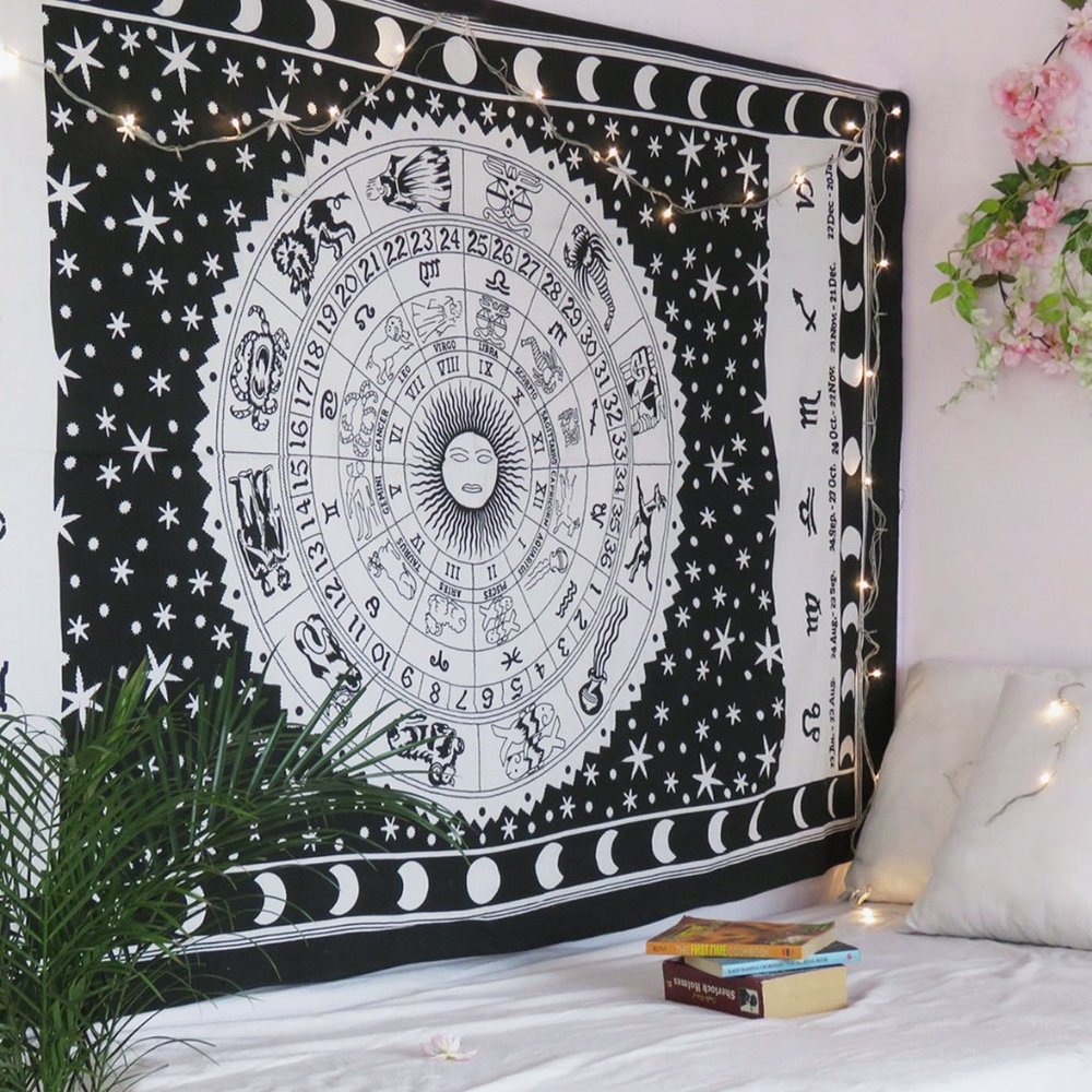 Oussum Zodiac Black & White Boho Hippie Wall Hanging Tapestry for Home Decor